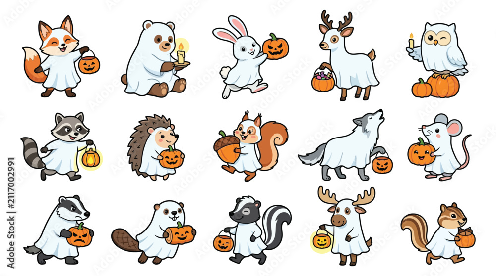 Fototapeta premium Cute woodland animals in halloween ghost costumes set with halloween, woodland