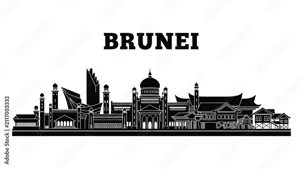 Naklejka premium Minimalist Black Skyline Silhouette of Brunei City Landmarks
