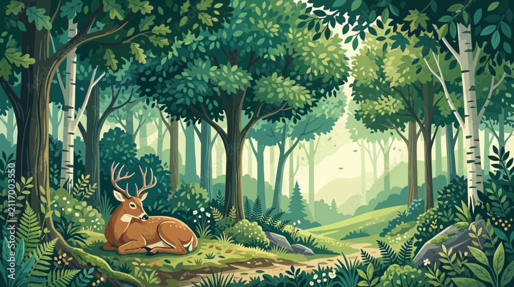 Fototapeta premium Flat vector illustration of a buck deer resting in a lush green forest