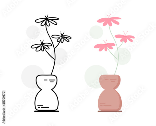Small Daisy Flowers in Vase Line Art and Flat Style Set