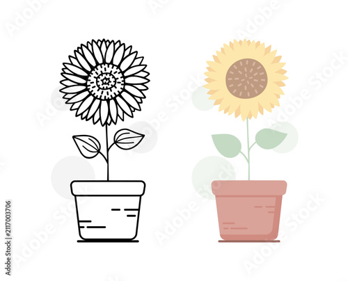Sunflower in Pot Line Art and Flat Style Set