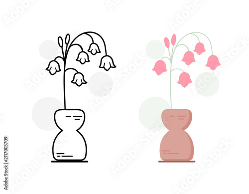Hanging Bell Flowers in Vase Line Art and Flat Style Set