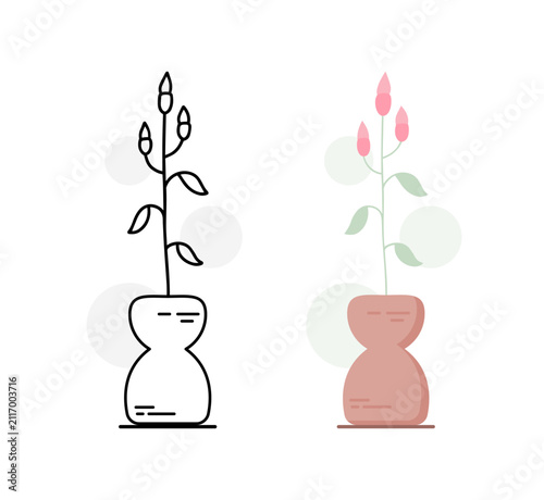 Flower Bud Plant in Vase Line Art and Flat Style Set