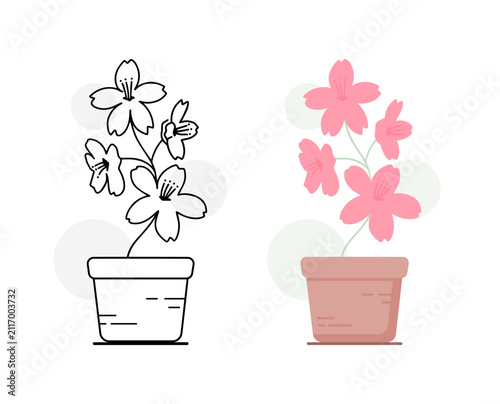 Pink Blossom Cluster in Pot Line Art and Flat Style Set