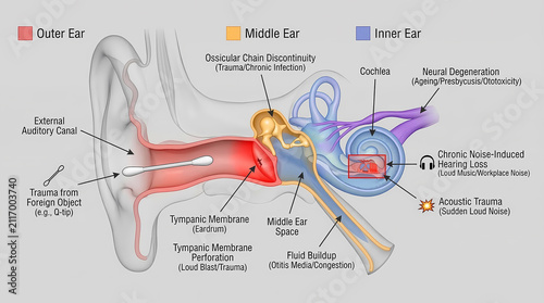 3D Ear Anatomy Diagram Showing Hearing Loss Causes, Tympanic Membrane Damage and Inner Ear Disorders