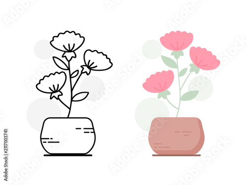 Carnation Flowers in Pot Line Art and Flat Style Set