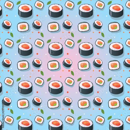 Seamless Sushi Pattern with Gradient Pastel Background
