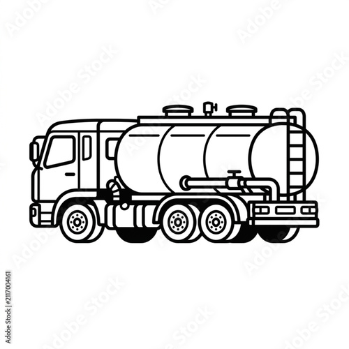 Black and white line drawing of a fuel tanker truck.