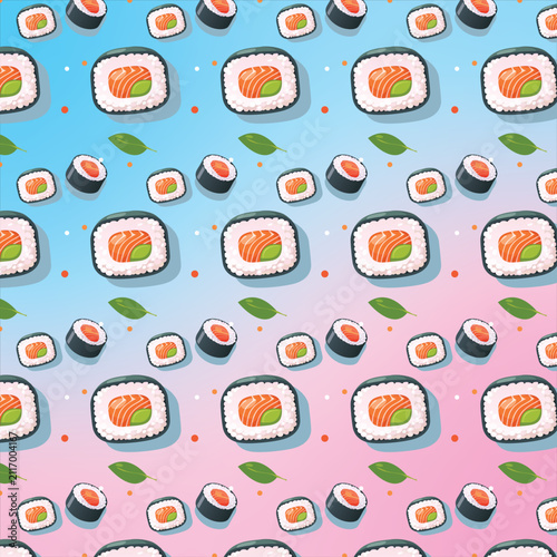 Cute Sushi Roll Illustration Pattern on Pink Blue Gradient
