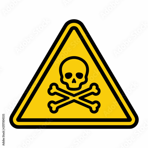 A yellow triangular warning sign with a black skull and crossbones symbol indicating danger or poison.
