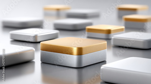 Semiconductor packaging with metallic gold and silver square components arranged on reflective surface showing modern technology design