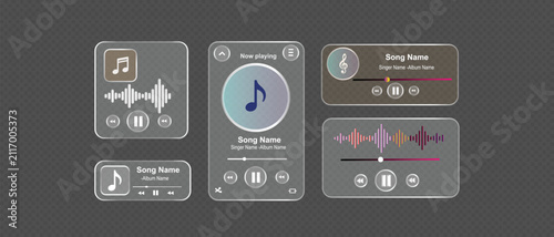  Set of  liquid glass style  music media player.Music player digital application control component for smartphone or web. Multimedia interface with glassmorphism buttons and progress bar.