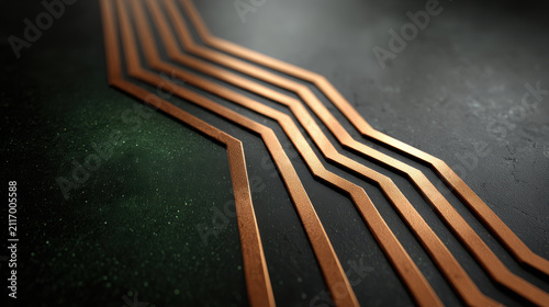 Copper circuit lines dark surface represent semiconductor packaging technology with precise conductive pathways for electronic device performance