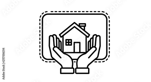 Hands holding house icon with dashed border, vector illustration