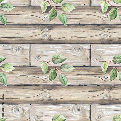 Light wooden planks background decorated with fresh green leaves branch pattern, biophilic design concept