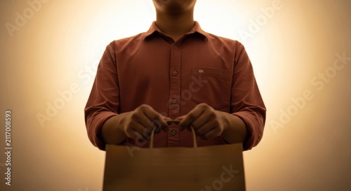 Man holding a shopping bag with a mysterious item inside.