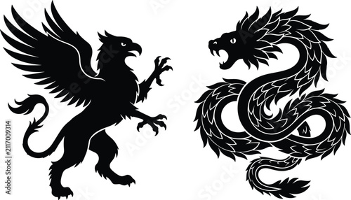 Принти на полотні Black silhouette vector illustration of a mythical griffin and a fierce oriental