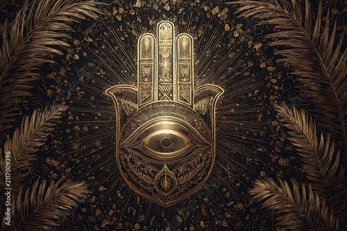 Golden Hamsa Hand Symbol with Eye and Palm Fronds Radiating Light and Mystical Atmosphere