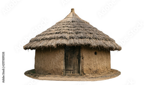 Traditional round african mud hut with a thatched roof isolated on transparent background