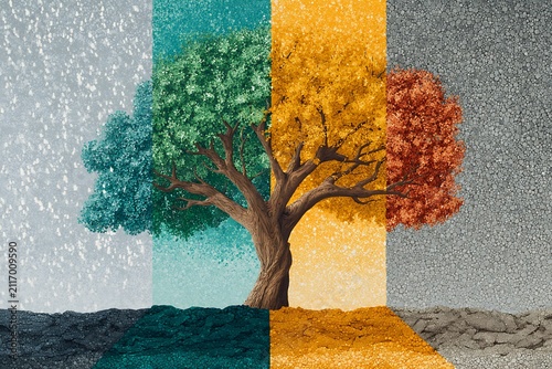 A conceptual illustration of a tree showcasing the four seasons with vibrant colors and textured backgrounds.
