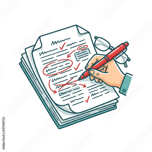 Foto Hand editing documents with red pen and glasses.