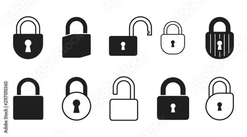 Padlock icon set with locked, unlocked and keyhole symbol in black outline and filled style design