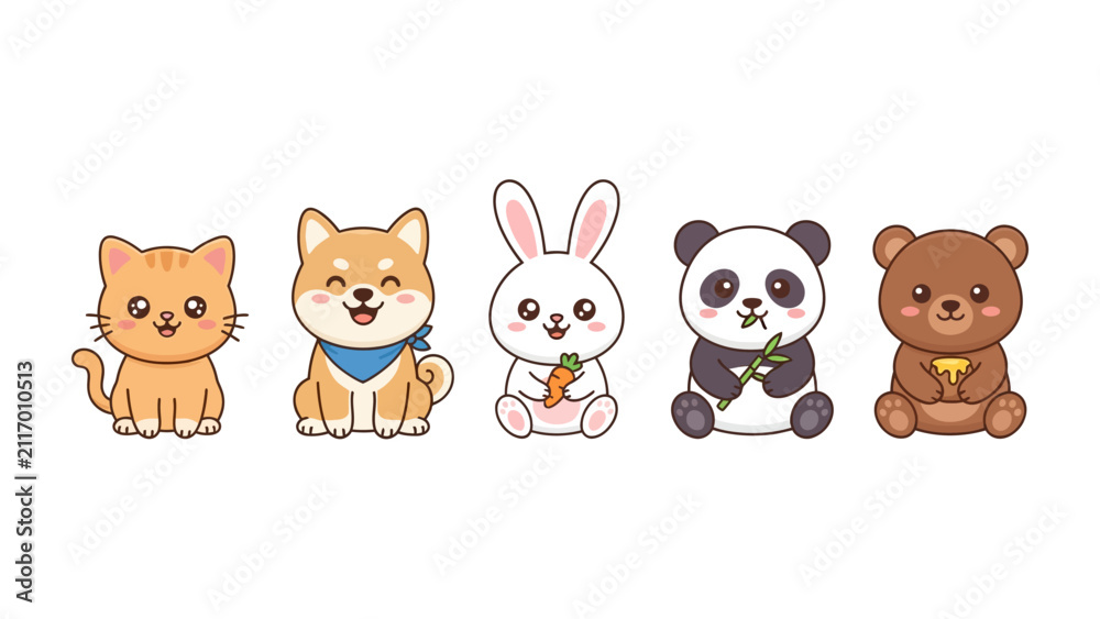 Fototapeta premium Cute Animal Friends: A delightful collection of kawaii-style animals, including a cat, Shiba Inu, rabbit, panda, and bear, are depicted with cheerful expressions, ready to bring joy.