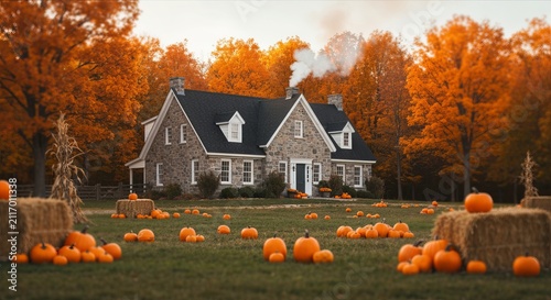 Cozy stone farmhouse surrounded by orange and gold trees, pumpkin patch and hay bales, smoke curling from chimney, warm late-afternoon light, cinematic depth of field