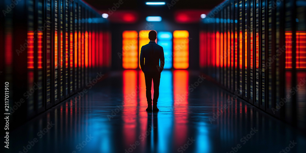 Fototapeta premium Silhouette of a person walking through a data center with colorful server racks emphasizing cybersecurity and enterprise breaches