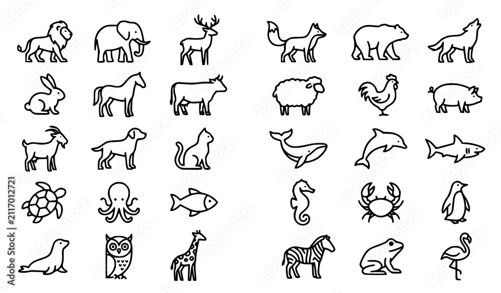 Fototapeta premium Modern minimalist animal icon set with wildlife farm and marine creature outline vectors for logo design isolated on white background