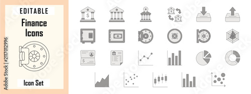 Monochromatic gray bank vault icon set for financial security UI, safe deposit box graphic, corporate banking dashboard, stock market data charts, and modern accounting software elements