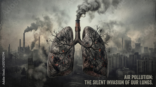 Conceptual illustration of human lungs shaped like dead trees with a factory chimney, symbolizing the impact of air pollution on respiratory health in an industrial city landscape
