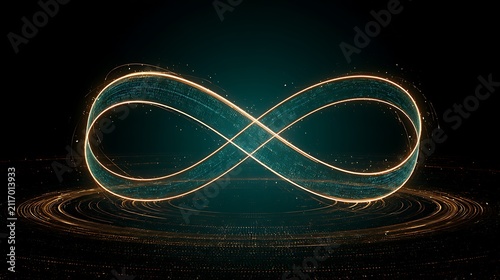 A glowing digital infinity symbol floats above a circular light platform. Concept for advanced technology, eternity.