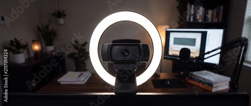 A close up view of a modern black webcam set against a luminous circular ring light, illuminating a cozy home office or studio setup