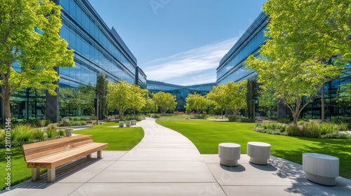 Modern corporate campus courtyard with lush green lawns and glass buildings under clear skies. Ideal for.