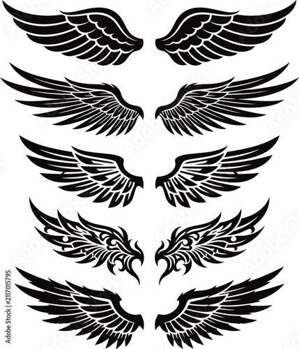 Tribal angel wings vector set tattoo illustration.