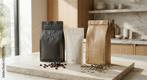 Three coffee bean pouches on a stone board in a modern kitchen