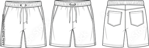 Fotografie Flat sketch technical drawing of casual drawstring shorts with pockets front and
