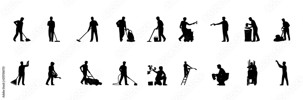 Naklejka premium Workers Performing Various Tasks in Black Silhouettes Featuring Worker, Task, Silhouette with White and Labor Elements for Job