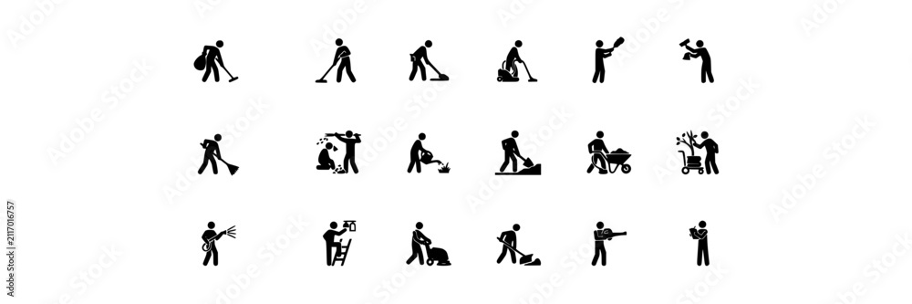Obraz premium People Silhouettes Engaged in Various Activities Featuring Work, Labor, Gardening with Cleaning and Construction Elements