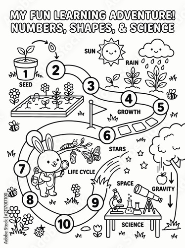 Educational coloring page featuring numbers, shapes, science, and life cycle for kids with fun adventure theme and tracing paths