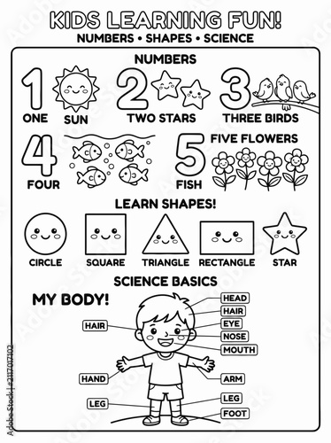 Educational coloring sheet for kids featuring numbers, shapes, and basic human anatomy with fun illustrations and labels