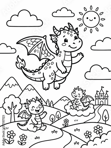 Adorable cartoon baby dragons flying and playing in a whimsical fantasy landscape with mountains, clouds, and a castle under a smiling sun