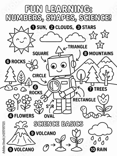Educational coloring page featuring numbers, shapes, and science basics with a cute robot and nature elements for kids learning activities