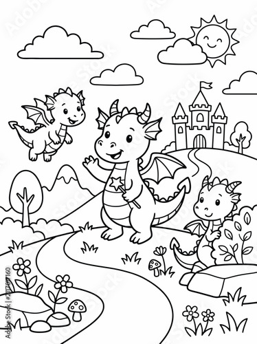 Adorable cartoon baby dragons playing together in a whimsical fantasy forest with a castle and flying dragon in a cheerful outdoor scene