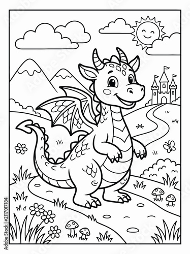 Adorable cartoon baby dragon with wings sitting in a whimsical fantasy meadow near a castle under a bright sunny sky, perfect for coloring and children's illustrations