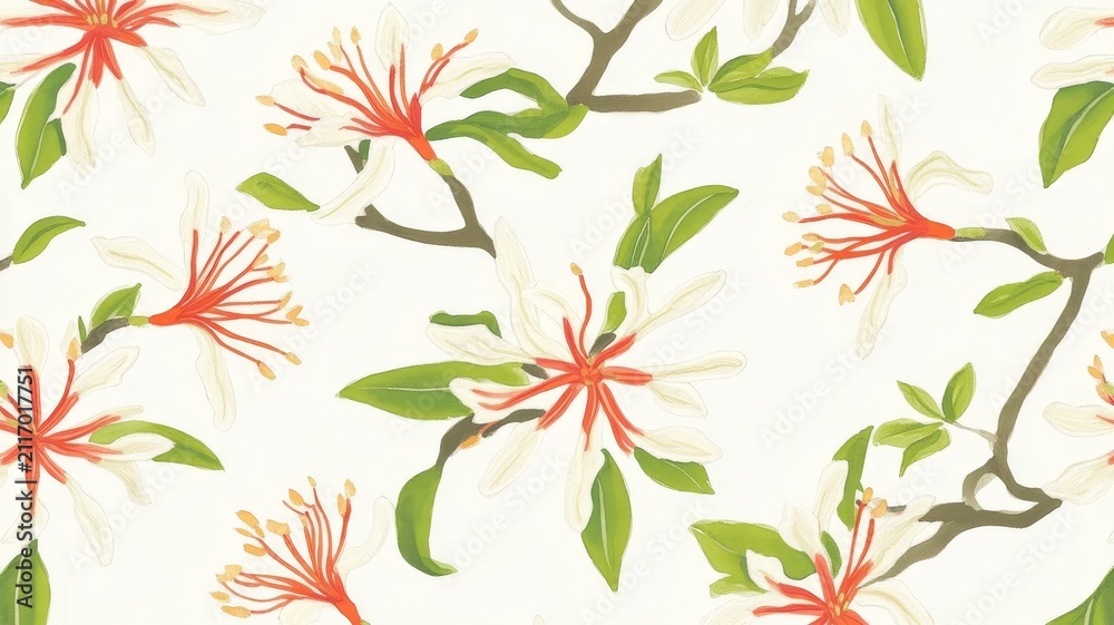 Fototapeta premium Elegant seamless floral pattern featuring white blossoms and green foliage on soft background for decorative textiles and wallpaper.