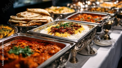 Delicious Indian food buffet spread with various curries and naan bread. Perfect for catering and restaurant.