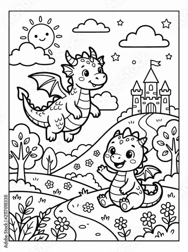 Adorable cartoon baby dragon and flying dragon duo in a whimsical fantasy landscape with castle and flowers, perfect for coloring books and kids' illustrations