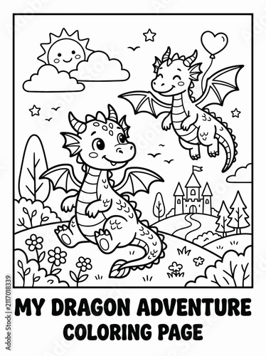 Adorable cartoon dragons flying and sitting in a whimsical fantasy landscape, perfect for kids' coloring fun and creative storytelling adventures